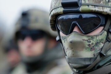 Fototapeta premium Military personnel in tactical gear prepare for a training exercise in a forested area during the early morning light