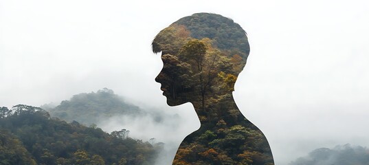 A silhouette of a person with a dense forest blended into their body, leaves and trees merging into the figure