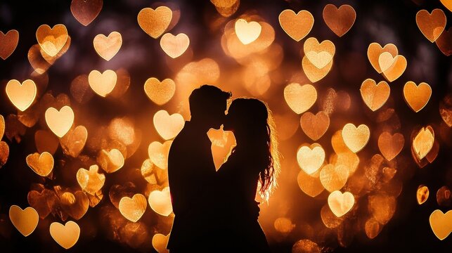 A romantic silhouette of a couple kissing, framed by heart-shaped bokeh lights, evoking feelings of love and intimacy. - Powered by Adobe