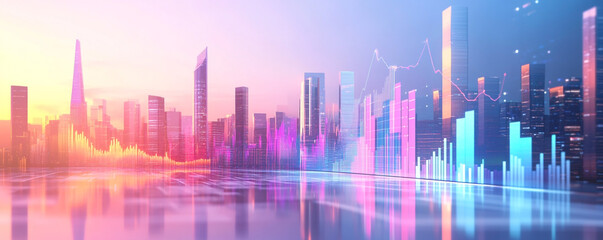 3D Render of Stock Market Growth with Cityscape and Financial Charts in Real Estate