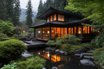 Fototapeta premium A traditional wooden Japanese tea house surrounded by lush greenery, showcasing its intricate wooden architecture