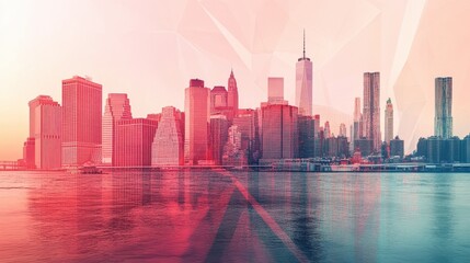 Fototapeta premium Creative New York city background with polygonal mesh. Communication and urban network concept. Double exposure.