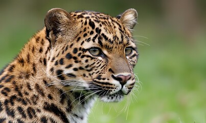 Naklejka premium Leopard portrait, intense gaze, green background, wildlife, nature photography