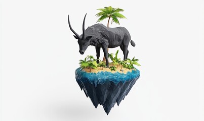 Obraz premium Low poly buffalo on a floating island with palm trees, isolated on white, perfect for environmental campaigns