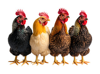 Fototapeta premium Four colorful chickens standing together on animal high fidelity studio environment isolated on transparent background png