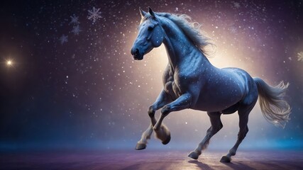 A majestic white horse galloping in a snowy, ethereal setting with a glowing background.