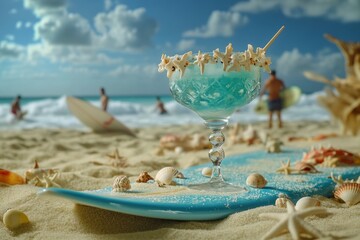 A whimsical beach scene featuring a Blue Lagoon cocktail in a glass decorated with tiny seashells.Blue lagoon cocktail.Tropical cocktail.Blue cocktail.Blue lagoon.