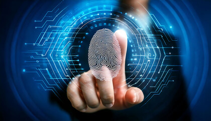 Close-up of a finger interacting with a futuristic, glowing digital fingerprint scan.