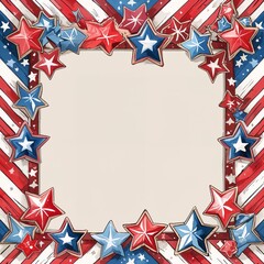Fototapeta premium Whimsical stars and stripes motifs framing the edges for a playful American inspired border frame in star stripe border frame pattern background