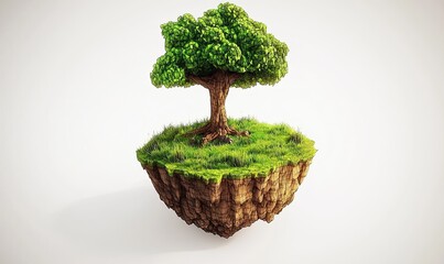 Lush green tree on floating island, serene white background, ideal for environmental concepts