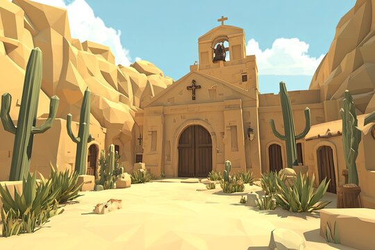 Low-poly desert mission church under sunny sky, ideal for games or animation