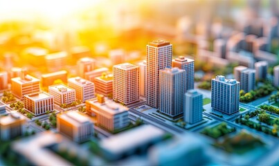 Miniature city model at sunset, showcasing urban planning and development