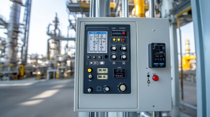 Close-up of fire alarm panel controls, surrounded by refinery infrastructure and safety systems.