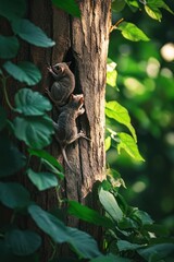 Fototapeta premium Two baby possums climbing tree trunk, lush forest background, wildlife photography