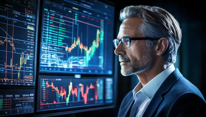 A pensive businessman in a suit and glasses analyzes dynamic financial data displayed on multiple large monitors.