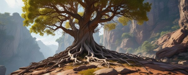 A sprawling network of roots spreads out from a tree growing on a cliff, wilderness, stability, geography