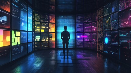 Obraz premium Businessman Analyzing Data on Digital Screens in Modern Office Space