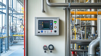 Obraz premium Fire alarm panel mounted on a wall in a petrochemical facility, surrounded by industrial pipes and safety barriers.