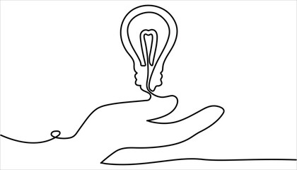 Hands palms together with light bulb continuous one line drawing illustration