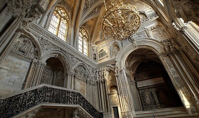Fototapeta premium Ornate church interior, grand staircase, chandelier, sunlight through windows