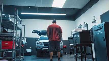 Mechanic Observing Vehicle in Well-Organized Automotive Workshop Garage Setting