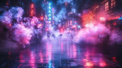 Fototapeta premium Cyberpunk city street at night, neon lights, smoke, rain, reflections.