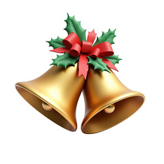 two golden bells with red ribbon and holly leaves symbolizing christmas cheer
