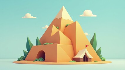 Low poly orange mountain with green trees, cave entrance, white tent under blue sky, suitable for adventure travel, camping, outdoor activities, gaming design, minimalist style, bright colors calm mo