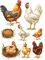 Hen and chicks set. Isolated hen bird pecking grain, walking, sitting on fence, hatching eggs in nest and taking care of cartoon baby chickens. Vector poultry farm cute hen and chick animal icons