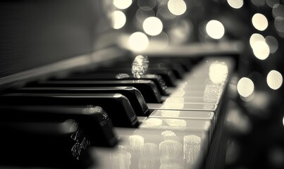 Piano keys close-up, bokeh lights background, music, holidays, performance, celebration, concert