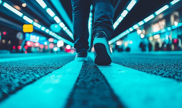 Person walking in glowing blue pedestrian tunnel at night, low angle view