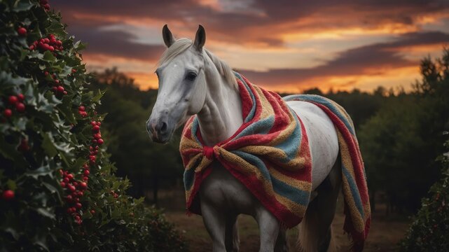 A white horse draped in a colorful blanket stands among lush greenery at sunset.