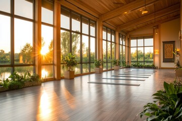 A yoga studio with large windows overlooking nature, featuring mats, blocks, and a soothing atmosphere