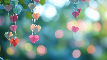 Colorful paper hearts hanging in a garden during daylight create a whimsical and cheerful atmosphere
