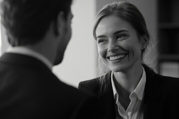 Laughing female executive in suit. Professional business atmosphere.