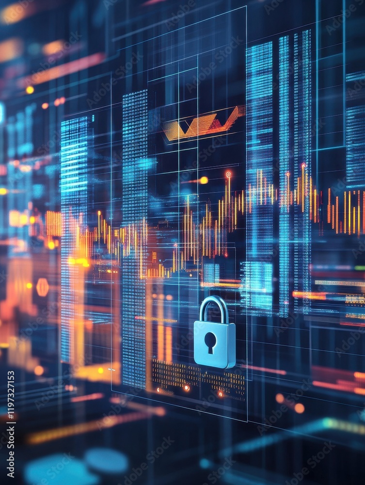 Poster abstract internet safety and security interface with padlock and business charts on blurry blue back