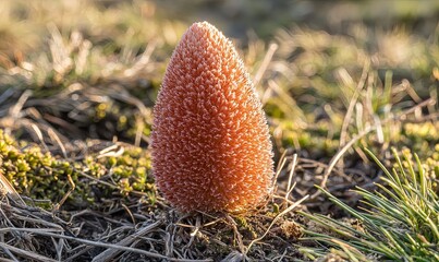 Pink snow mold fungus on ground with grass in background, close up for science or nature study
