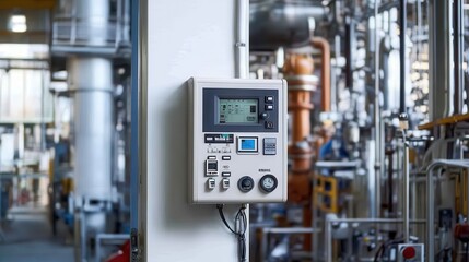 Close-up of a fire alarm panel mounted on a wall, surrounded by industrial machinery and safety equipment in a petrochemical plant.