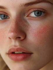 Naklejka premium The image shows a close-up of a woman's face with visible freckles. Her skin appears to be well cared for and she has makeup on, enhancing her features.