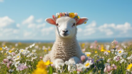 Fototapeta premium Cute lamb wearing floral crown resting in a colorful meadow under a clear blue sky