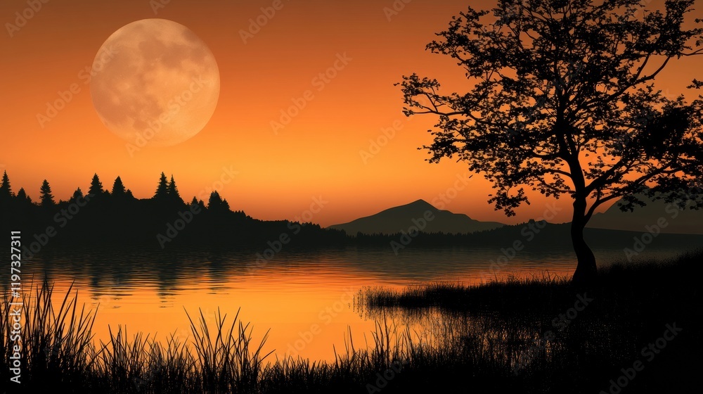 Aufkleber stunning twilight landscape with a full moon reflecting on a calm lake surrounded by trees and mount