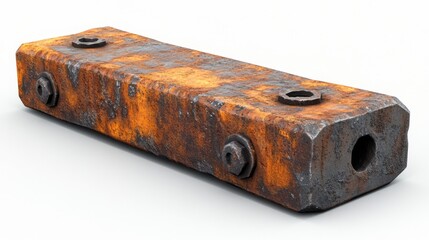 Rusty metal block with holes and bolts, isolated on white background.