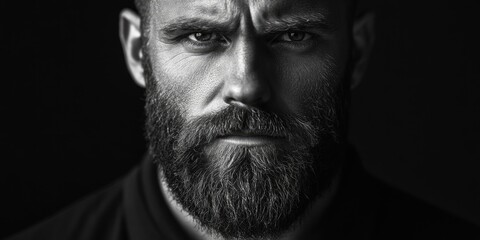 Close-up portrait of man with beard looking into camera with intense expression against dark background.