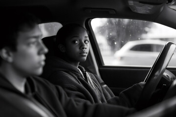 Black and white image of a focused teenager learning to drive with parent giving instructions from the passenger seat