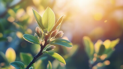 Obraz premium Fresh leaves and buds in sunlight create a serene atmosphere of spring awakening