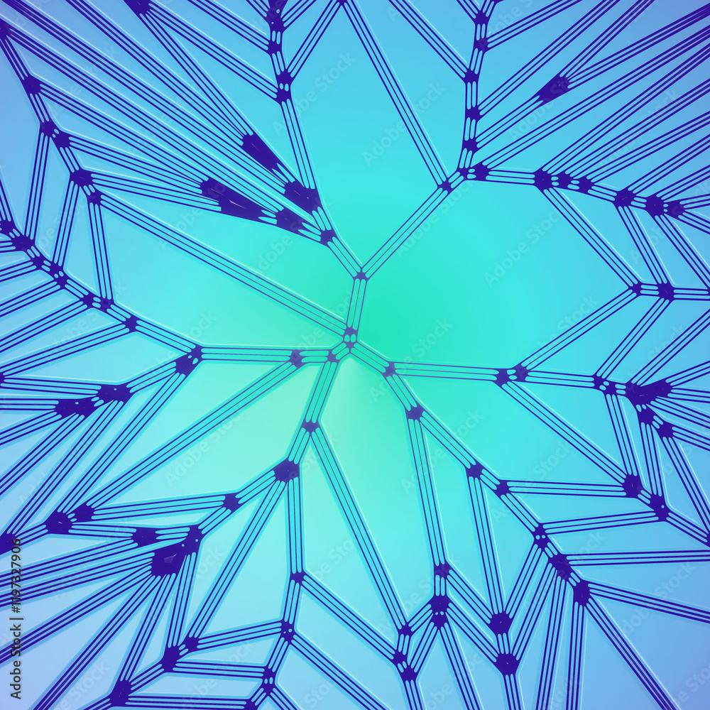 Poster stylized digital representation of blue organic cells under a microscope. 3d rendering illustration