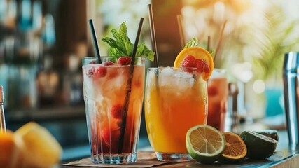 colorful variety of cocktails and mocktails on the table in bar