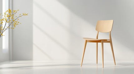 Fototapeta premium Single wooden chair on an empty white background, clean minimalist furniture concept