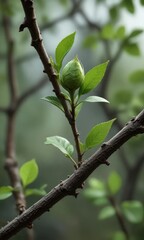 A tiny green bud nestled on a branch with exposed twigs and leaves, green, budding