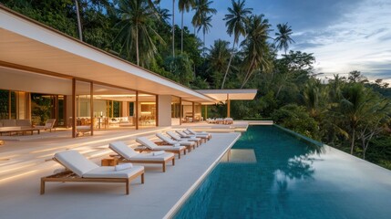 Fototapeta premium A modern villa with an infinity pool, surrounded by lush greenery and palm trees, offering a serene and luxurious atmosphere.